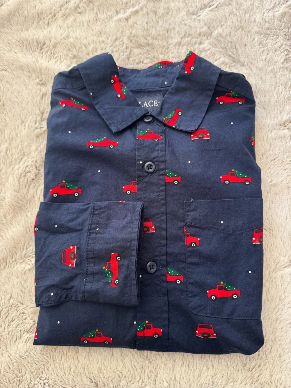 The Children's Place Boys Navy Button-Down Shirt with Red Car Print Sz 14